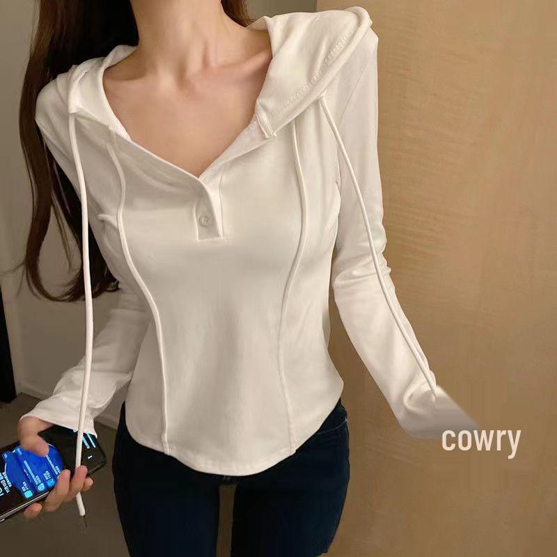 Women's Autumn 2024 Hooded Long Sleeve T-shirt with Waist-Cinching Slim Fit