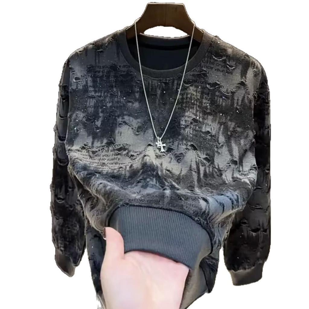 Trendiger Herren-Langarm-Hoodie 2025 mit Sternendesign, luxuriösem Rundhalsausschnitt und stylischen Ripped-Details