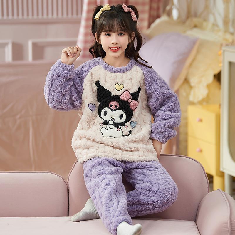 Kids Flannel Pajamas Set Boys Girls Warm Long Sleeve Top And Pants Sleepwear Winter Home Nightwear
