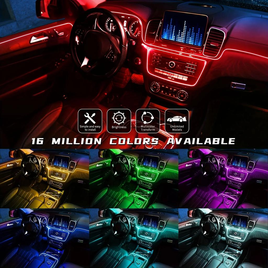 6 In 1 Car Interior Ambient LED Light Kit RGB Strip Lights with Fiber Optic Tube APP and Remote Control Neon Mood Sync Lighting