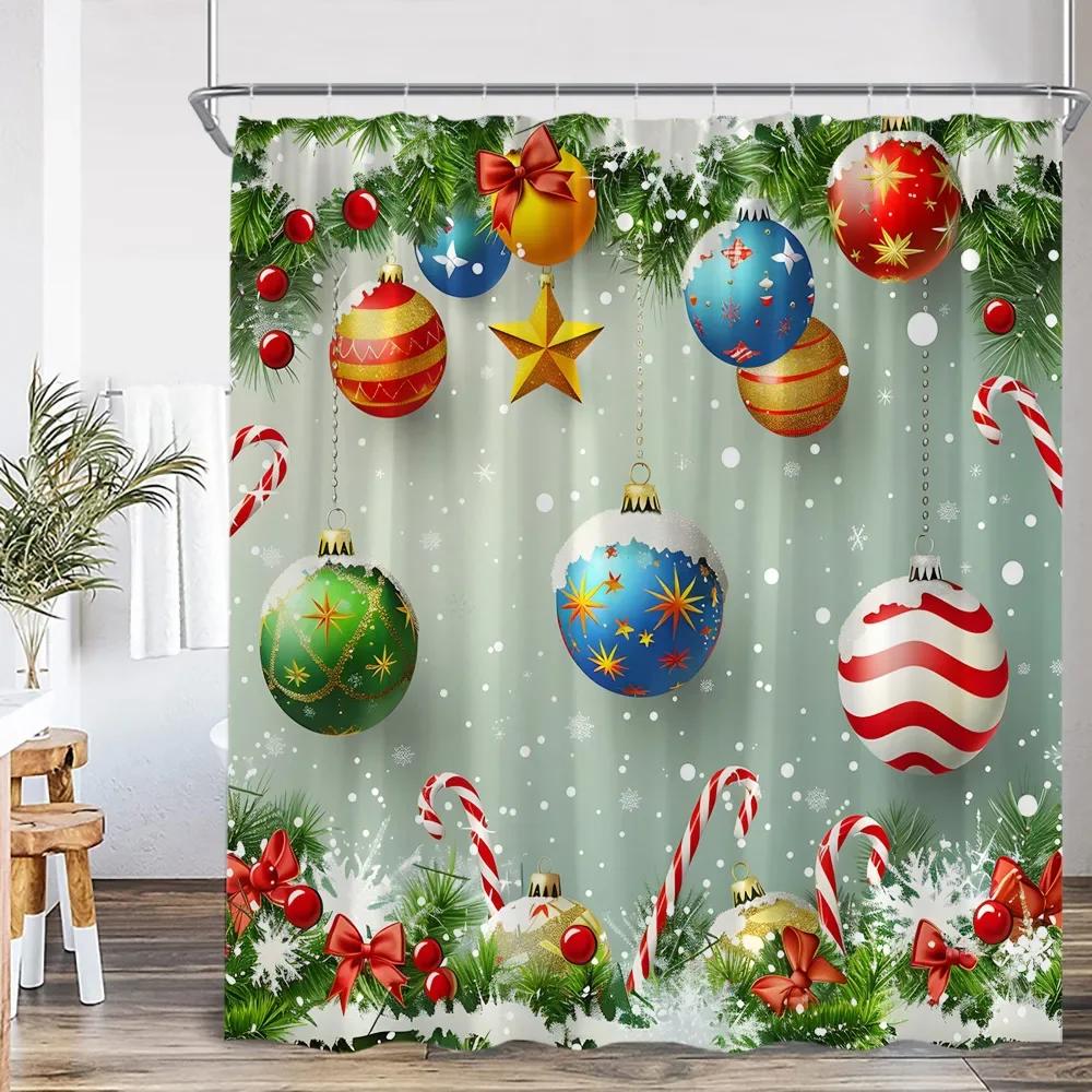 Chritsmas Shower Curtain Red Silvery Ball Xmas Balls Snowflake Pine Leaves Merry Christmas Winter Polyestert Bath Curtain Decor