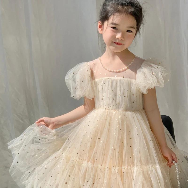Kids Dress Girls'  Princess Birthday Party Bow Summer Skirt Baby Girl's Bubble Sleeve Mesh Sequin Sweet Cute Dress