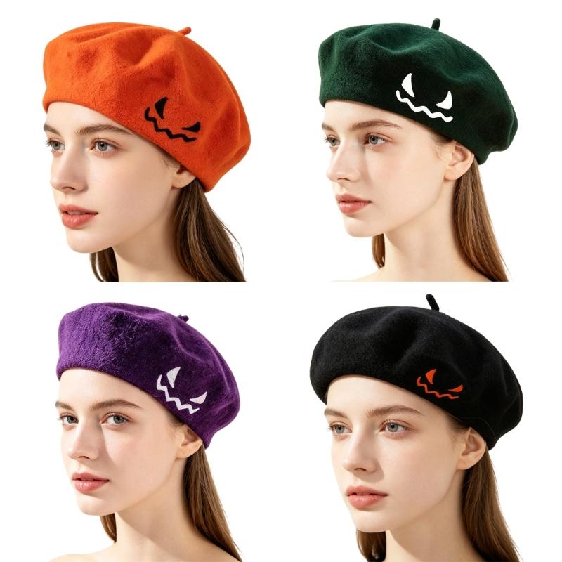 Embroidered Halloween Beret for Adults and Teens, Soft Fabric Hat for Party Dressing, Photos, and Fall Wear Style