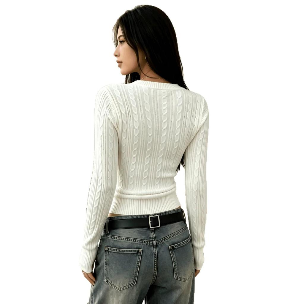 Women's Loose V-neck Cable Knit Sweater - Spring/Autumn European & American Style, Solid Color, Versatile Streetwear