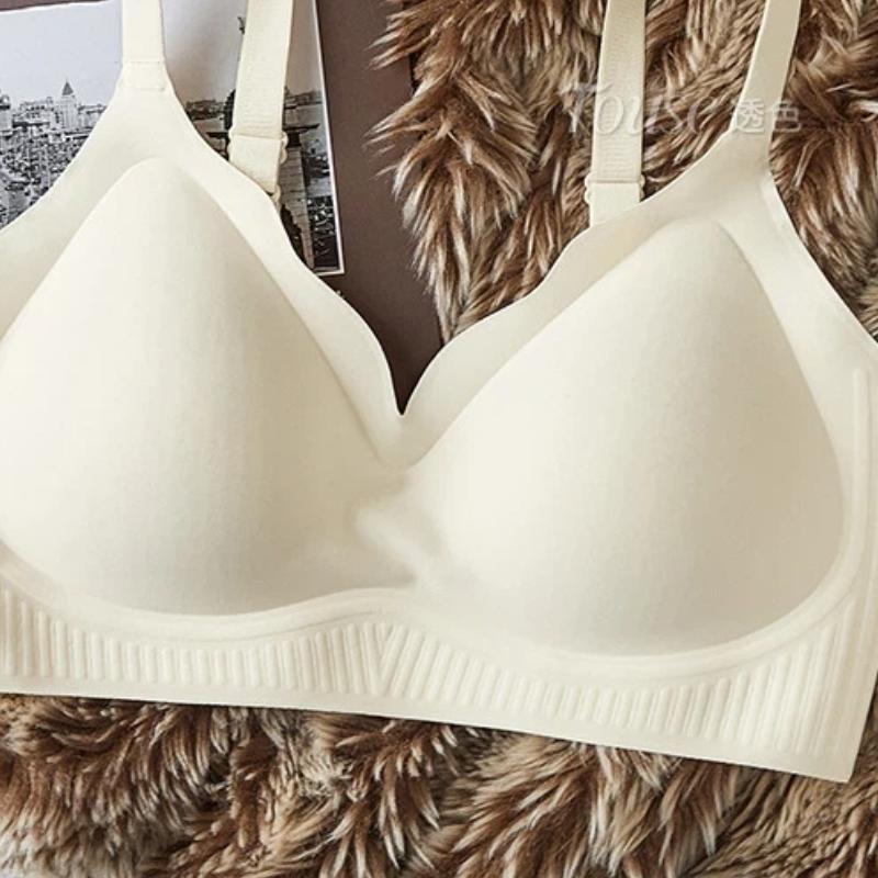 Nude Seamless Wireless Bra with Wavy Neckline and Adjustable Thin Straps