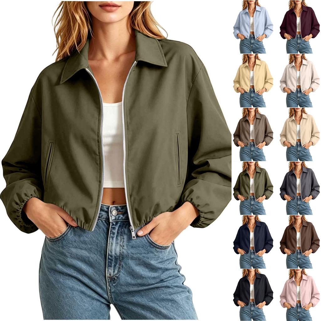 Women's Fashion Short Loose Fit Puffy Zipper Long Sleeve Jacket Outerwear