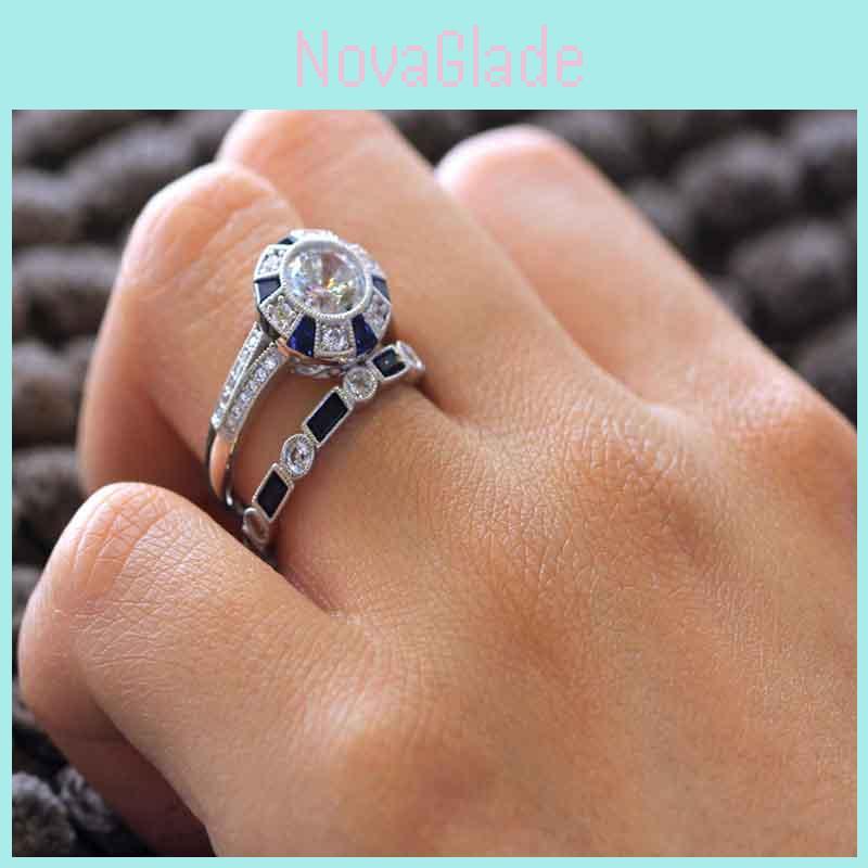 Elegante Set di Anelli da Matrimonio Placcato Argento con Zaffiri Blu Naturali e Topazi Bianchi per Spose