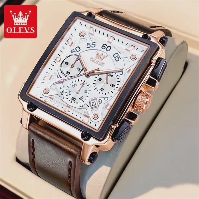 Top Brand Luxury Mens Watches Fashion Blue Square Quartz Watch for Men Sport Leather Strap Chronograph Wristwatches