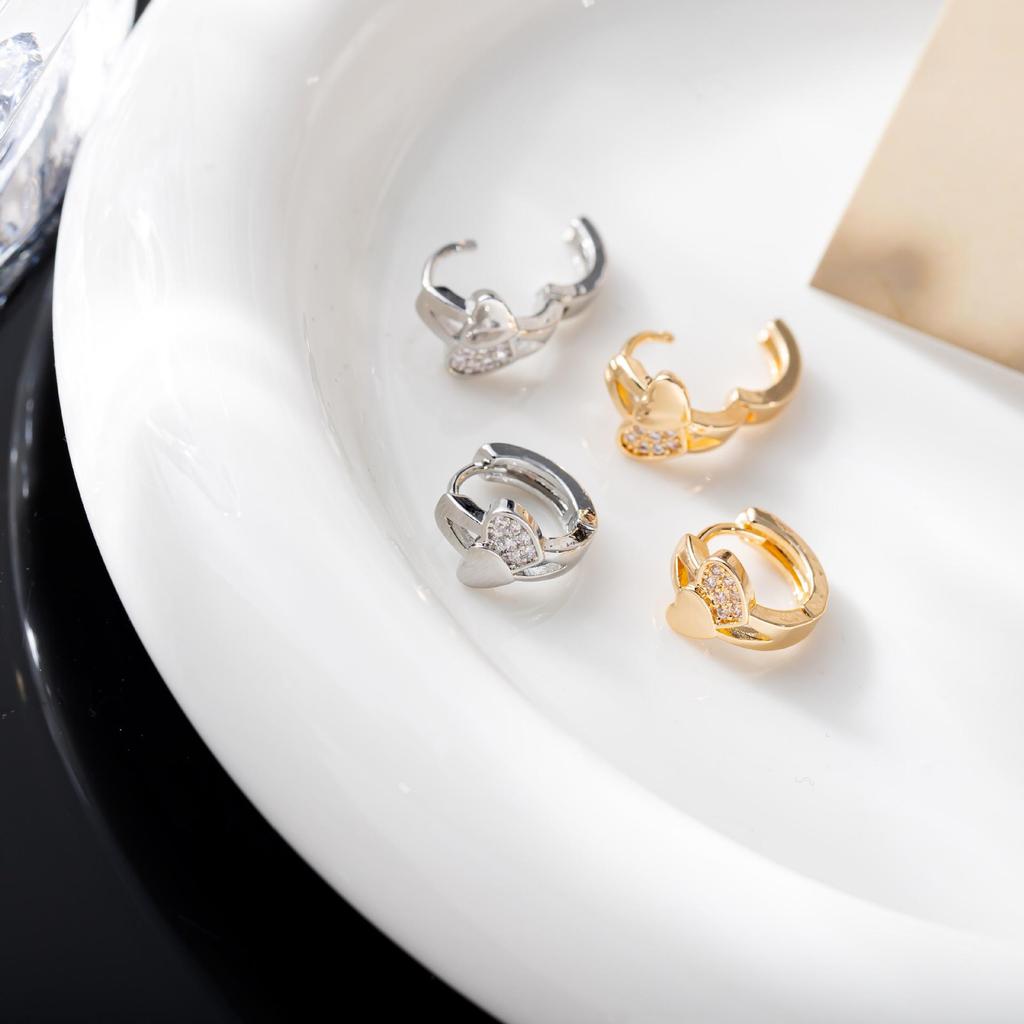 Double Love Heart Zircon Stud Earrings: Retro Micro-Inlay Design, Japanese-Korean Style, Simple Metal Accessories