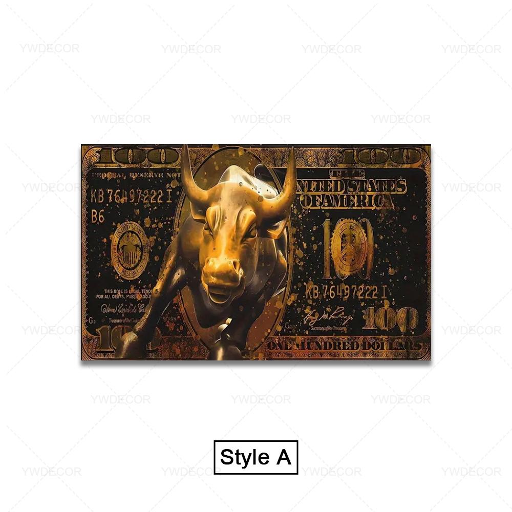 Golden Bitcoin Bull Bear Wall Street Bull Investment Wall Art Wealth Investing Poster for Room Office Decor Gift