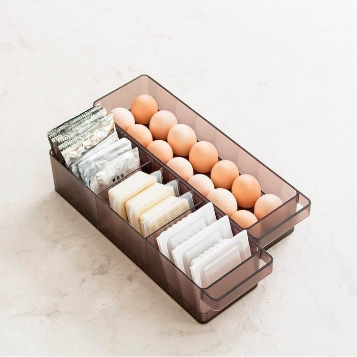 [Yamazaki] Refrigerator Interior Storage Case & Egg Case [2-Piece Set] with Dividers, Handle, Black 5763 5765 Combination: 2-Piece Set