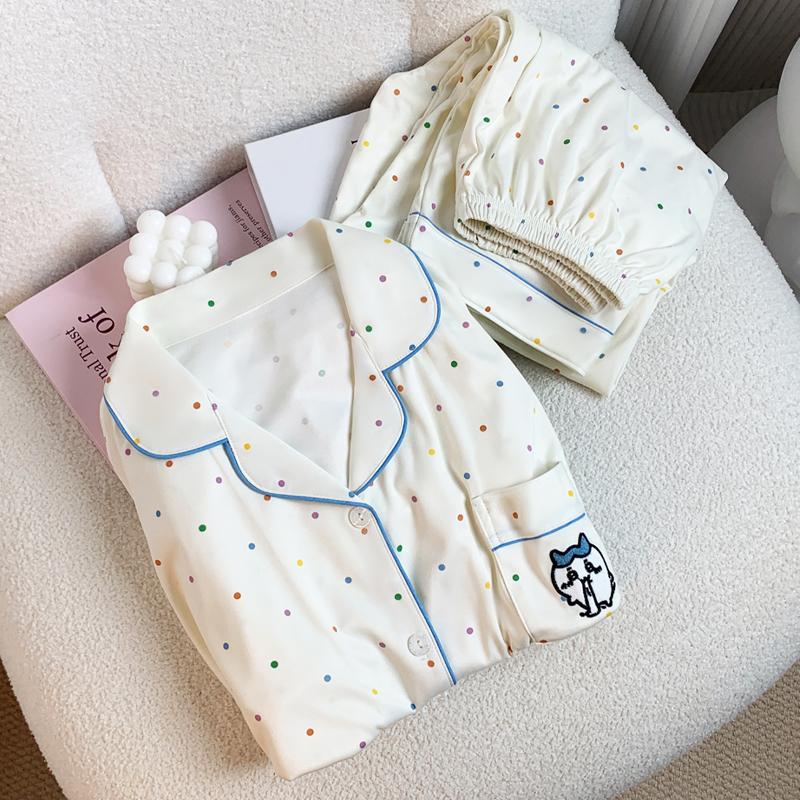 Colorful Polka Dot Cartoon Print Women's Pajamas Korean Style Lazy Breast Silk Pajamas Autumn and Winter New Home Set