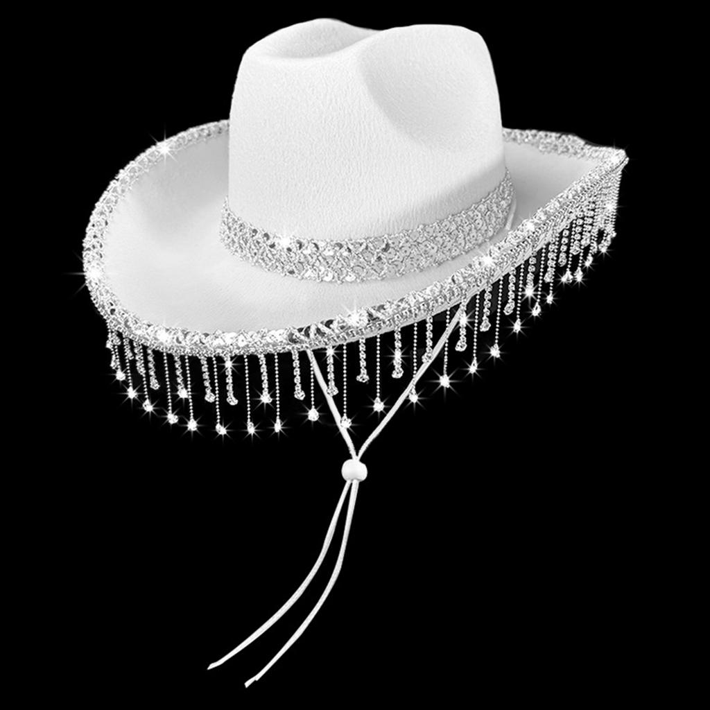 Romantic Wedding Cowboy Hat Rhinestone Accents Flowing Tassels Delicate Lace Trim Adjustable Adult Size