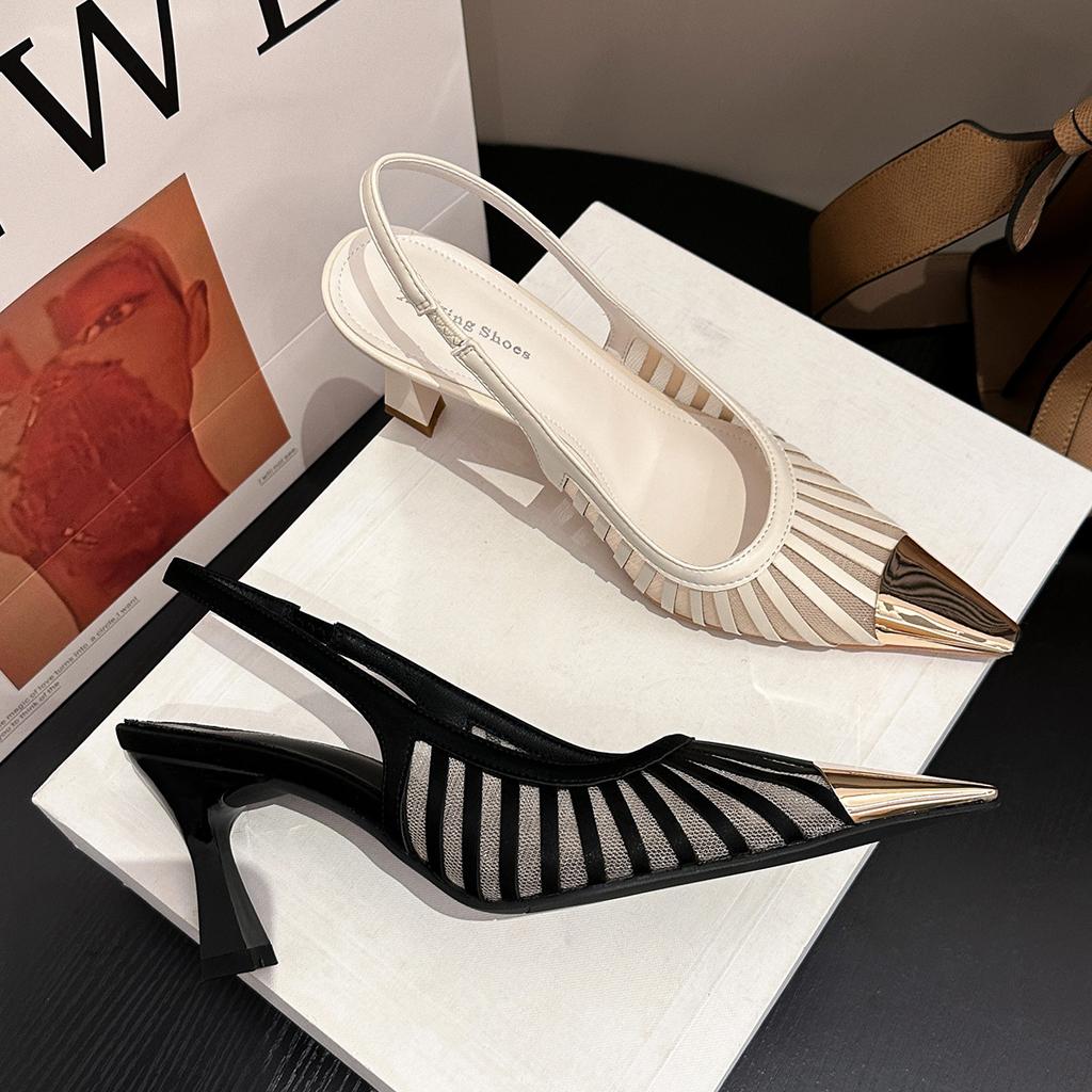 619-2 Temperament Striped Pointed High Heels Women's Versatile Fashion Mesh Stitching Hollow Commuter Bag Head Sandals Women