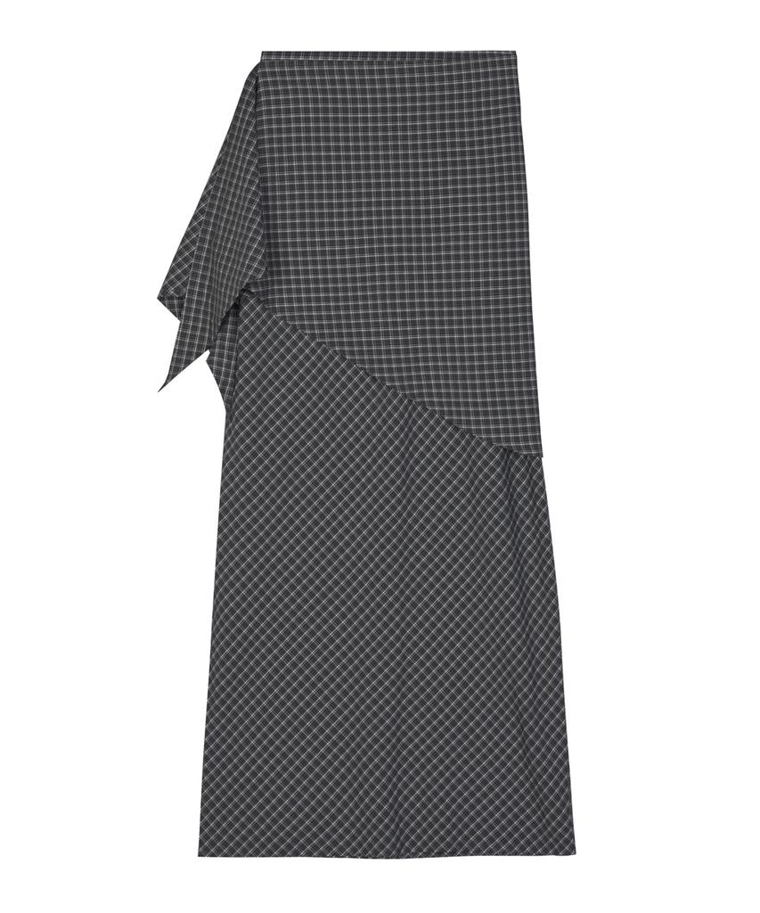 Nigaennikol Drape Wrap Check Long Skirt_Black
