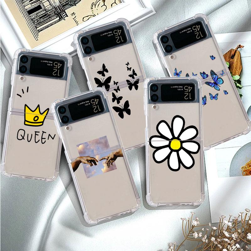 Flowers Heart Luxury Case For Samsung Galaxy Z Flip 3 4 5G Funda Z Flip3 Clear PC Hard Shockproof Back Phone Coque