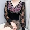 Spring Autumn Women's Lace Sleeve Patchwork T-Shirt Elegant V-neck Tees Slim Ladies Tops With Rhinestone Flower