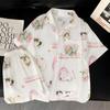 Ice Silk Pajamas Women'S Summer Short-Sleeved Cardigan Three-Piece Set Children'S Fun Cat Cartoon Loungewear