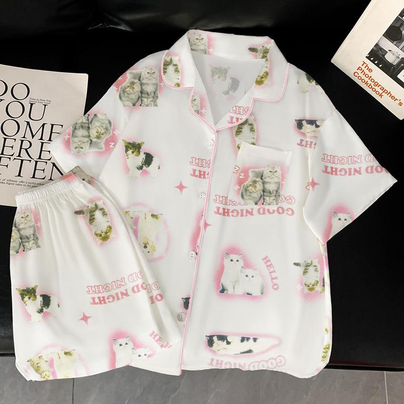 Ice Silk Pajamas Women'S Summer Short-Sleeved Cardigan Three-Piece Set Children'S Fun Cat Cartoon Loungewear