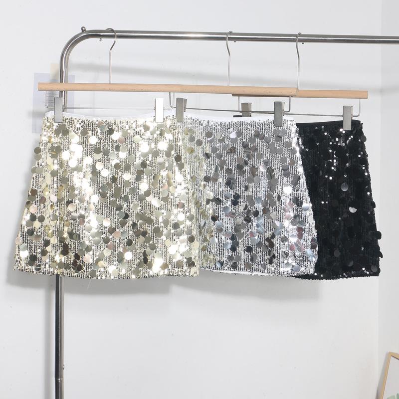 High-End Sequin A-Line Mini Skirt with Anti-Exposure Lining, High Waist, and Slim Fit