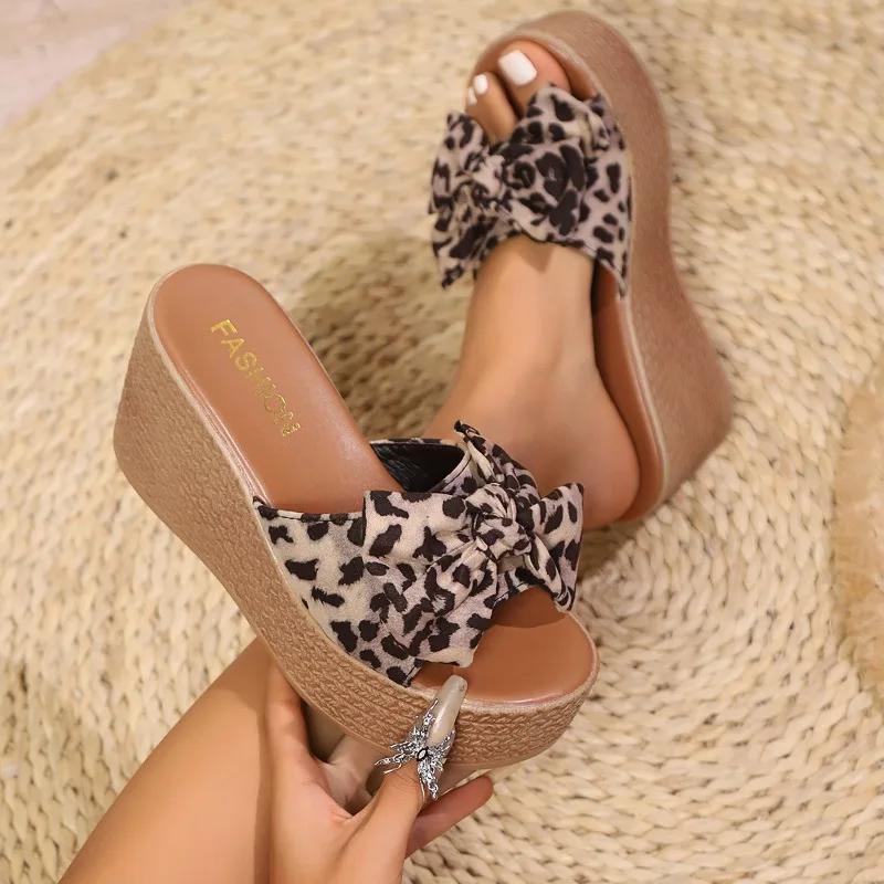Women's Wedge Slippers Leopard Print Bow Tie Waterproof Platform  Slippers Outdoor Leisure Large Size Summer Zapatillas De Mujer