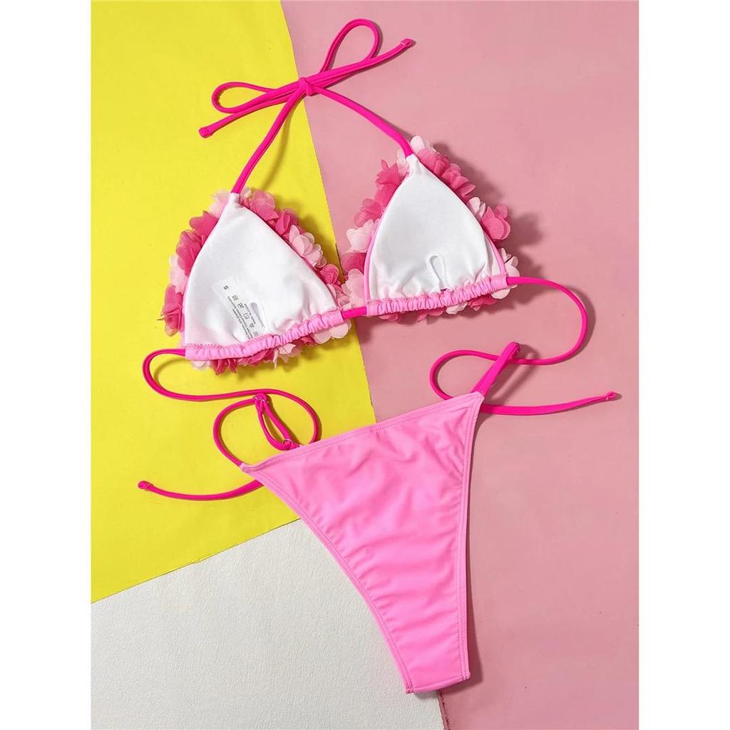 Bikini Sexy con Flores 3D de Cuello Halter y Corte Alto en la Pierna para Mujer Traje de Baño Femenino Conjunto de Bikini de Dos Piezas Bañador