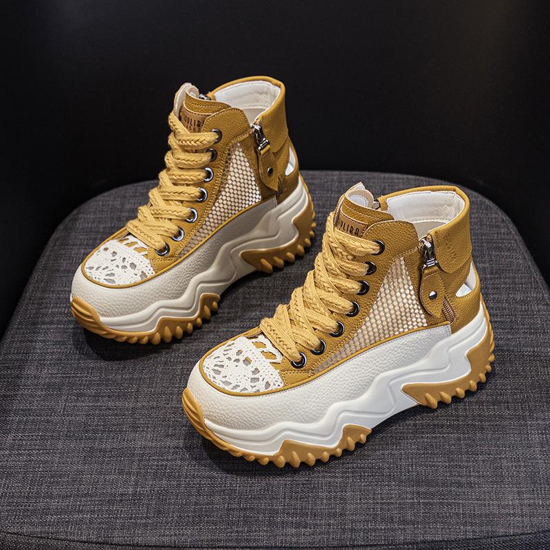 Women's summer 2025 new leather through the net dad shoes retro lightweight inner height increase casual sports shoes platform sandals