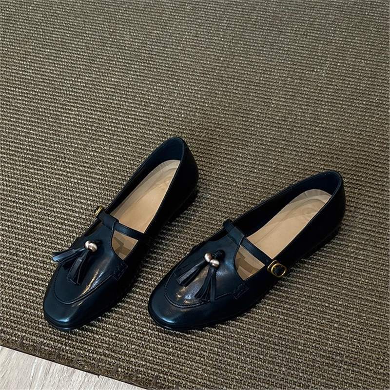 Cowhide Version~ Retro Tassel One-word Buckle Low-heeled Mary Jane Small Leather Shoes Women's Shallow Mouth Shoes Round Head Flat-soled Single Shoes