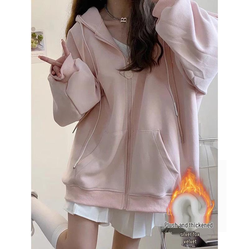 Women's Gray Hooded Cardigan Sweatshirt - Autumn 2026 Korean Style