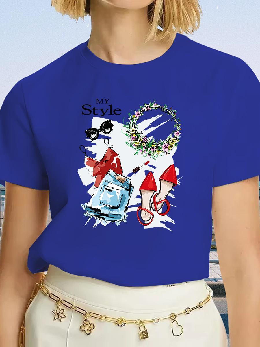 

Женская футболка с коротким рукавом и стильными брюками, графический принт с помадой и сумкой – мягкий топ с круглым вырезом, повседневный, летний и весенний 4XL