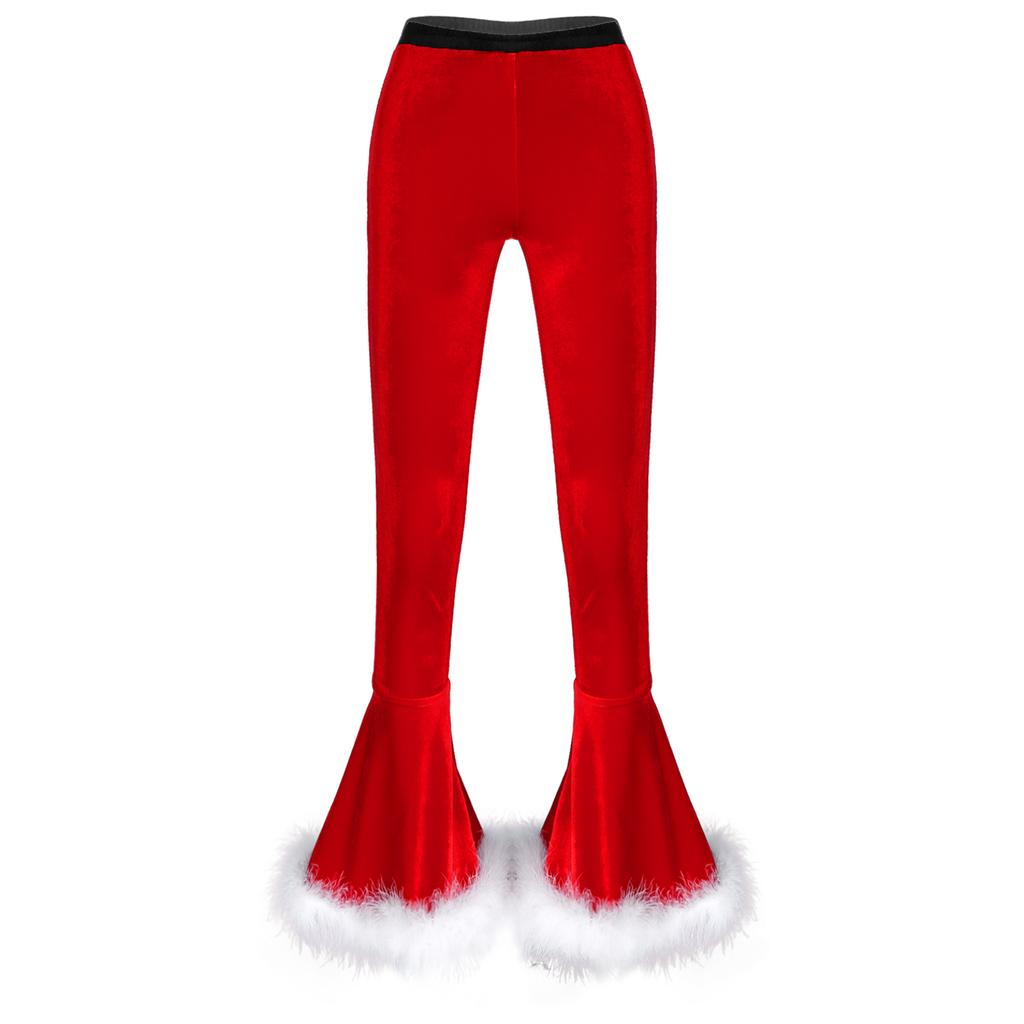Women's Velvet Christmas Cosplay Faux Fur Adorned Elastic Waist Flare Leg Long Pants Trousers