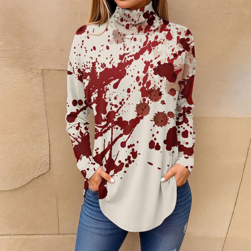 Tee Shirts For Women Fall Casual Long Sleeve Shirts Sweatshirt Vintage Printed High Neck Top Pullover