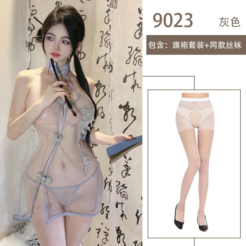 Sexy lace classical passion erotic underwear slit mesh perspective pure desire classical embroidered cheongsam set