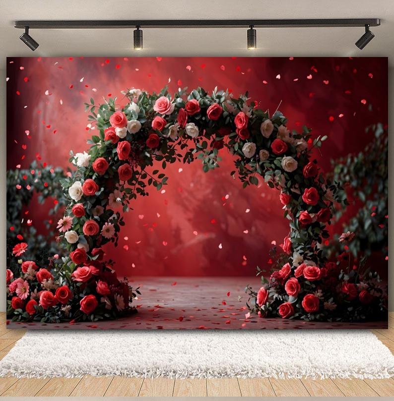 14. Februar Valentinstag Fotohintergrund Rote Rose Bogenförmiges Herz Blumen Romantische Hochzeit Brautparty Foto Hintergrund