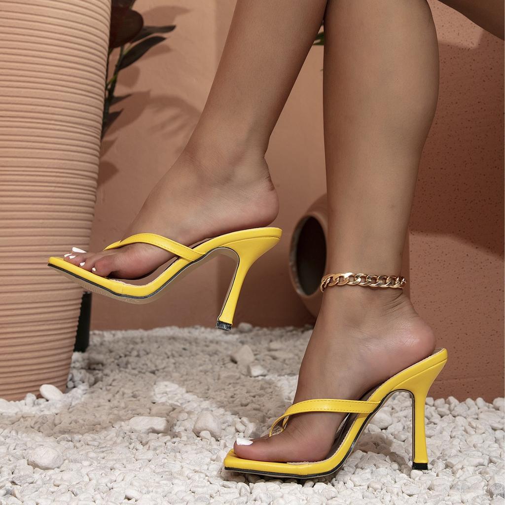 Sandals pinch-in flip-flops women's outer wear square head large size high-heeled sandals