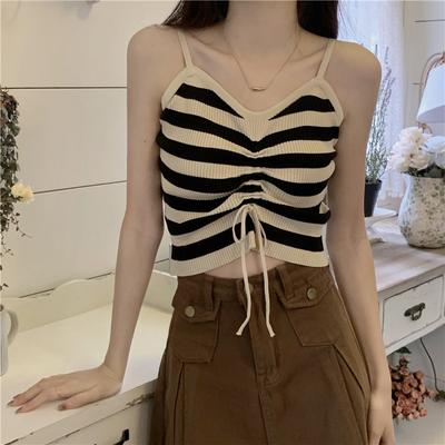 Striped Drawstring Knitted Small Suspender Vest for Women In Summer Design Inner Layer Hot Girl Short Top Trendy