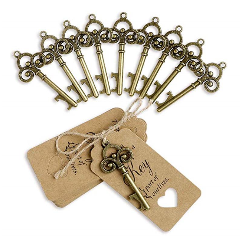 10pcs Gold Wedding Bottle Key Opener with Tag Antique Copper Bottle Key Opener Wedding Souvenir Decor Gift Party Favor Supplies