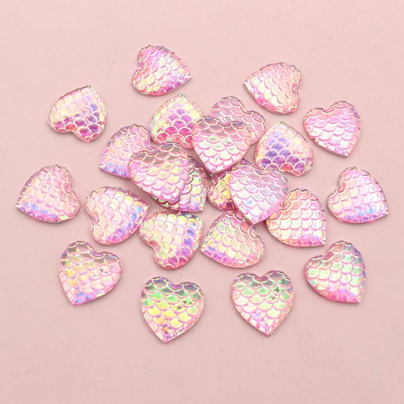 40pcs 12mm Heart Shape Mermaid Fish Scale Resin Cabochons Dome Flat Back DIY Jewelry Making Accessories for Earrings Bracelets