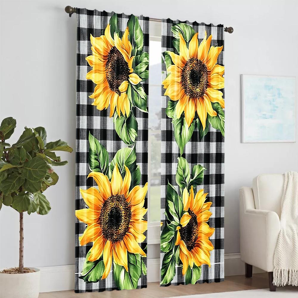 Set Of 2 Elegant Curtain Plaid Sunflower Print Window Charming European Style Design Vintage Decoration Kitchen Polyester Perfect For Cooking Area