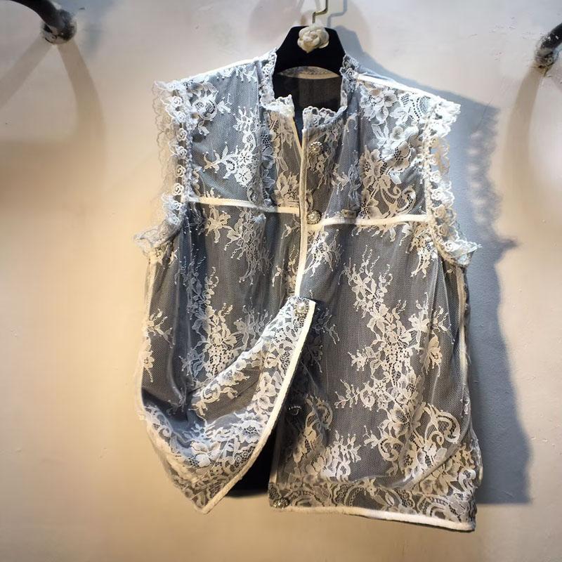 European station spring and summer new splicing embroidered mesh lace loose and thin versatile denim vest jacket women
