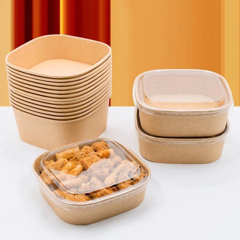 10Pcs Disposable Lunch Box Kraft Paper Square Lunch Box Fast Food Packing Boxes Paper Bowls With Lid Household Bento Boxes