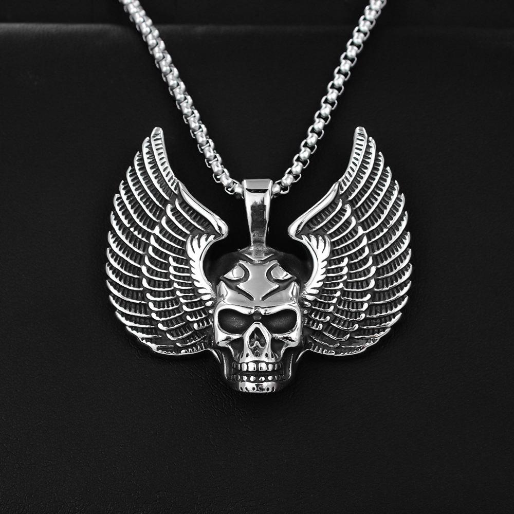 Hip Hop Vintage Wings Skull Pendant Necklace For Women Men Retro Copper Color Stainless Steel Box Chain Neck Rock Jewelry Gifts