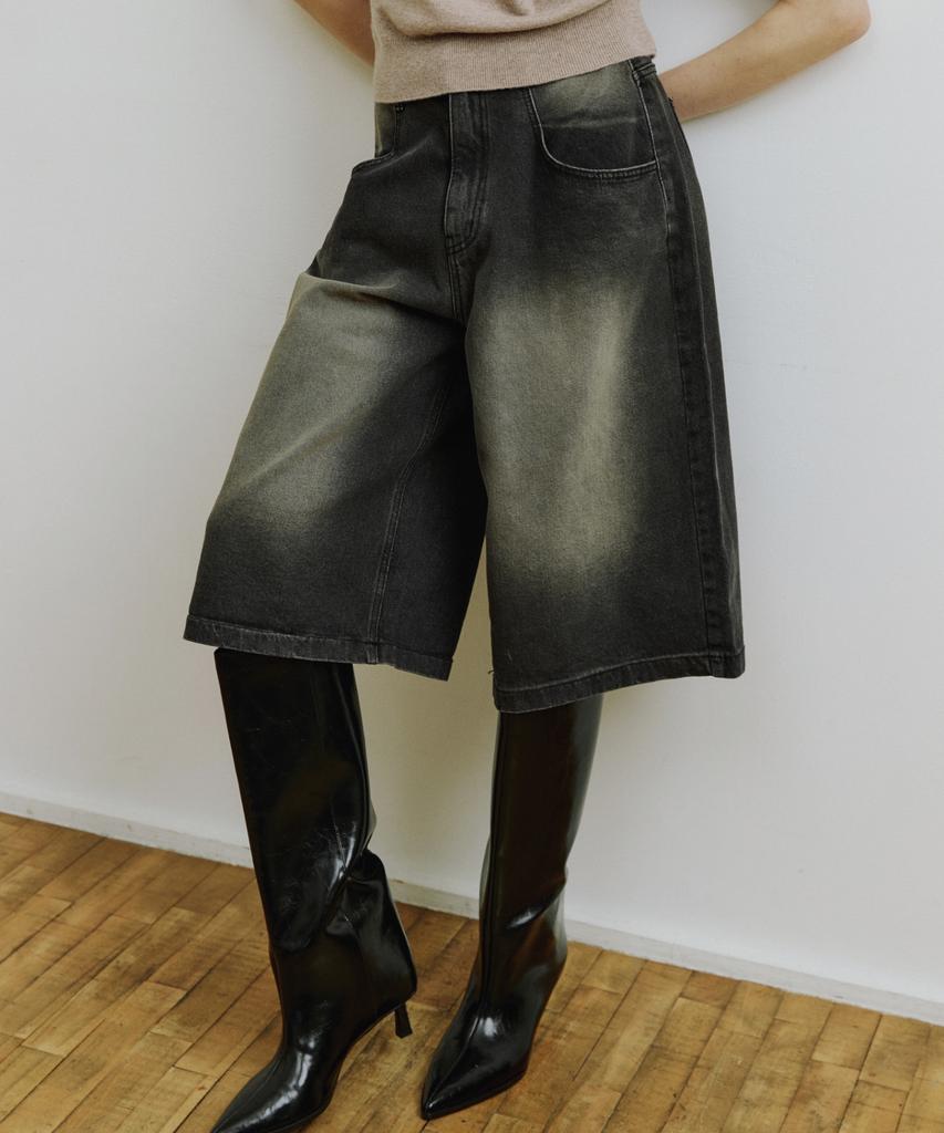 MOLLIOLLI Washed Knee-Length Denim Cotton Dark Grey Pants