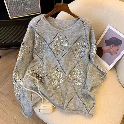 Vintage Sequins Sweater for Women Round Collar Loose Hollow Out Ladies Casual Pullover Tops Fashion Knitted Jumper