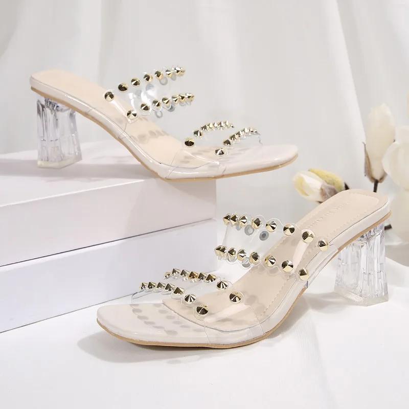 Modische Flip-Flop-Slipper für Damen im Sommer, 2025 Neu Quadratische Zehenpartie Strass Transparent Sexy High Heels Temperament Cool Drag