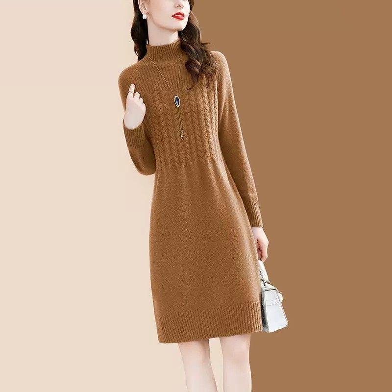 

Модное платье-свитер для женщин Универсальное трикотажное базовое платье с полувысоким воротом Повседневный пуловер M хаки