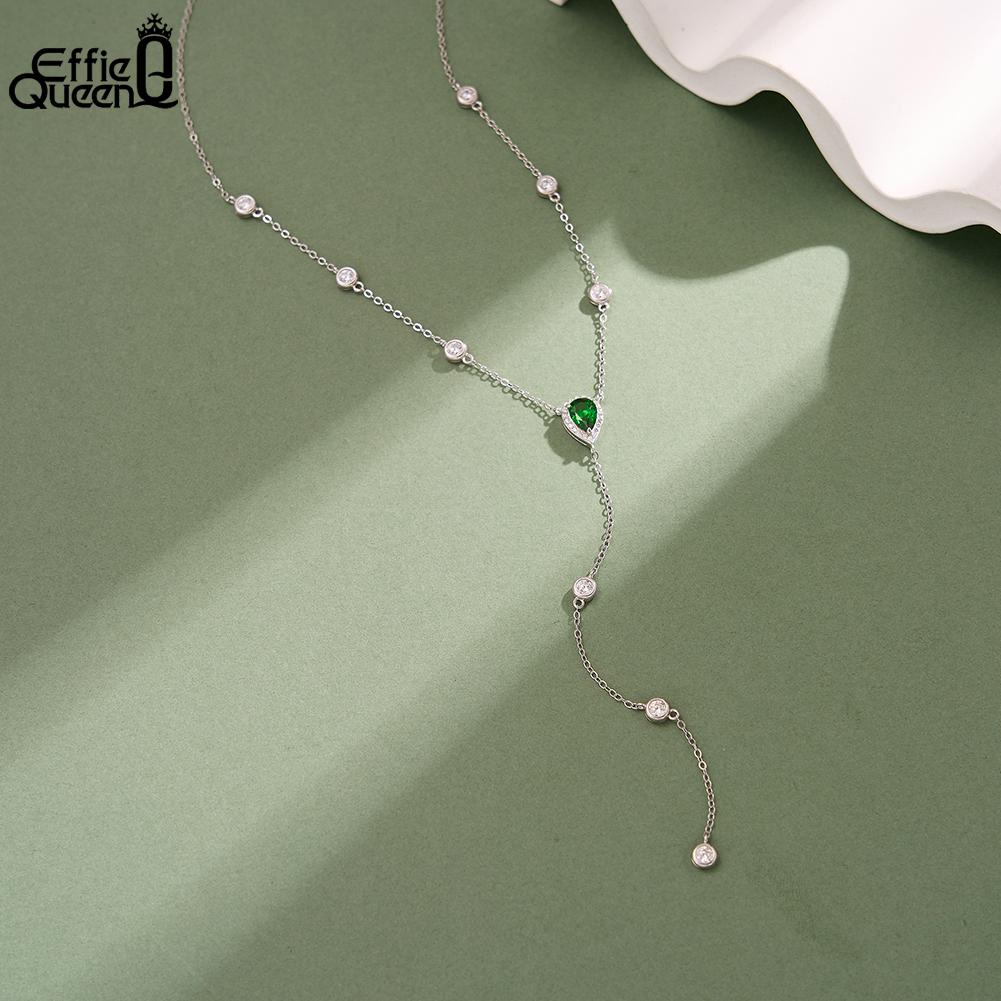 EFFIE QUEEN Retro Women's Fashion Green Zircon Y Necklace 925 Pure Silver 5A CZ Long Y Sexy Choker Chain Wedding Jewelry BQN39