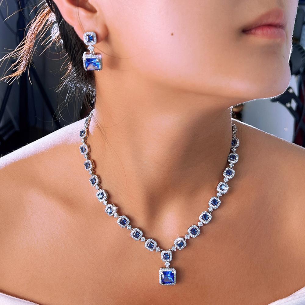 Zircons Elegant Shiny Blue CZ Zircon Square Necklace 2Pcs Sets for Women High Quality Evening Party Jewelry Accessories T0991