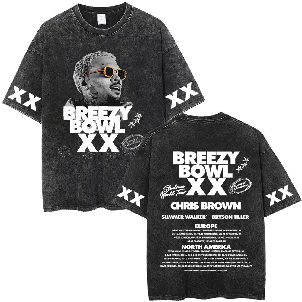 

Vintage Washed Chris Brown Graphic Tshirt Breezy Bowl XX Tour Merch T Shirts Men Women Hip Hop Fashion Oversized Tshirts S