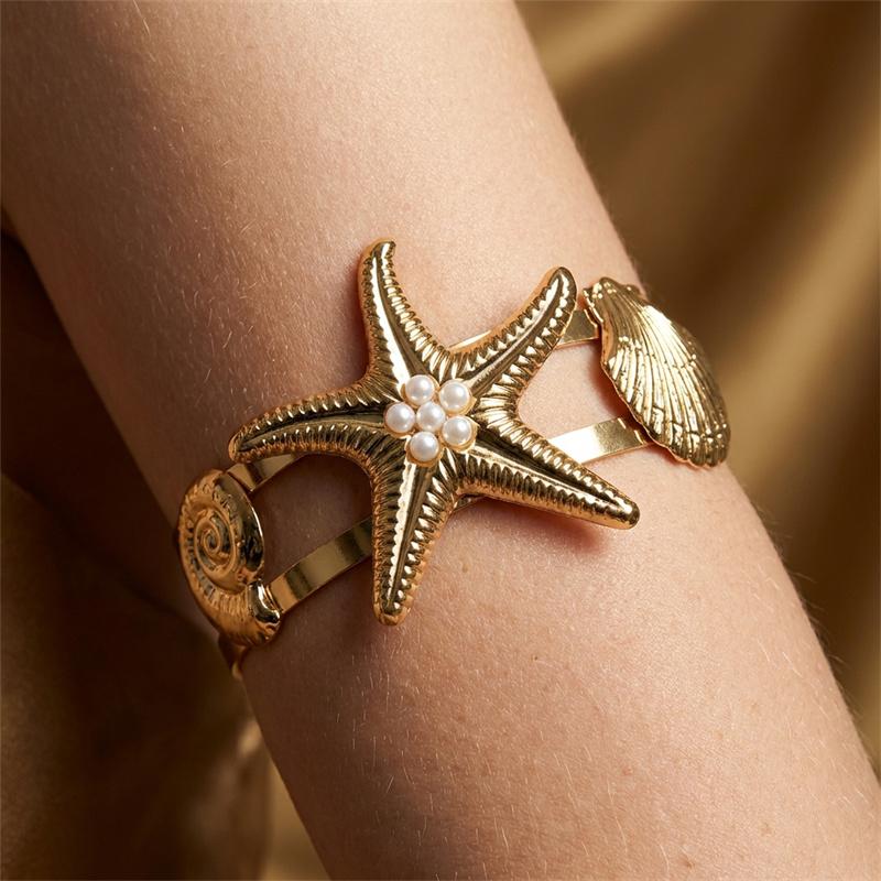 Vintage Metal Starfish Upper Arm Bracelet for Women Imitation Pearls Shell Geometric Open Arm Bracelets Summer Jewelry Gift